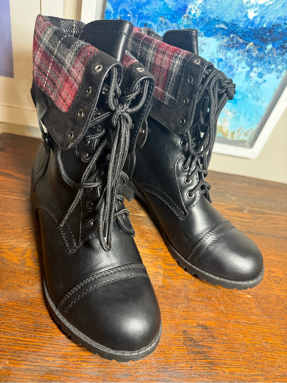 Women’s Soda Oralee-S Black Lace-Up Combat Boots with Plaid Cuff - wear 2 ways!